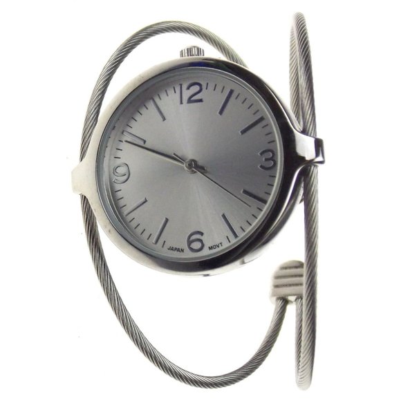 Ortz Cuff Watch Silver Flexible Fit Analog Cable Bracelet Round Slides On Gift - Picture 2 of 5